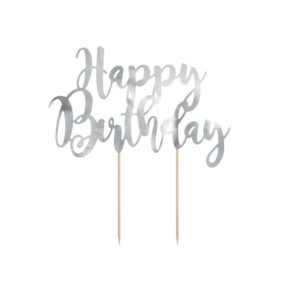 Happy Birthday - χάρτινο διακοσμητικό τούρτας ασημί